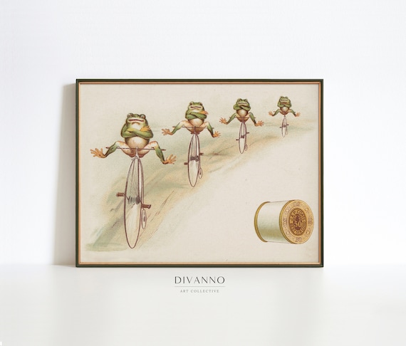 Retro Bicycle Frogs Wall Art Print, Vintage Frog Poster, Antique Illustration, Giclee Print, Funny Toad Art, Printable Canvas, Gift, Digital
