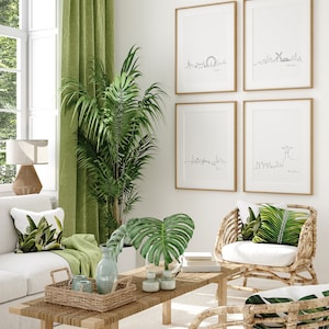 May include: A living room interior design with a white couch, two wicker chairs with white cushions, a coffee table with a woven tray, and a green plant. The walls are white and there are four framed prints of city skylines on the wall.