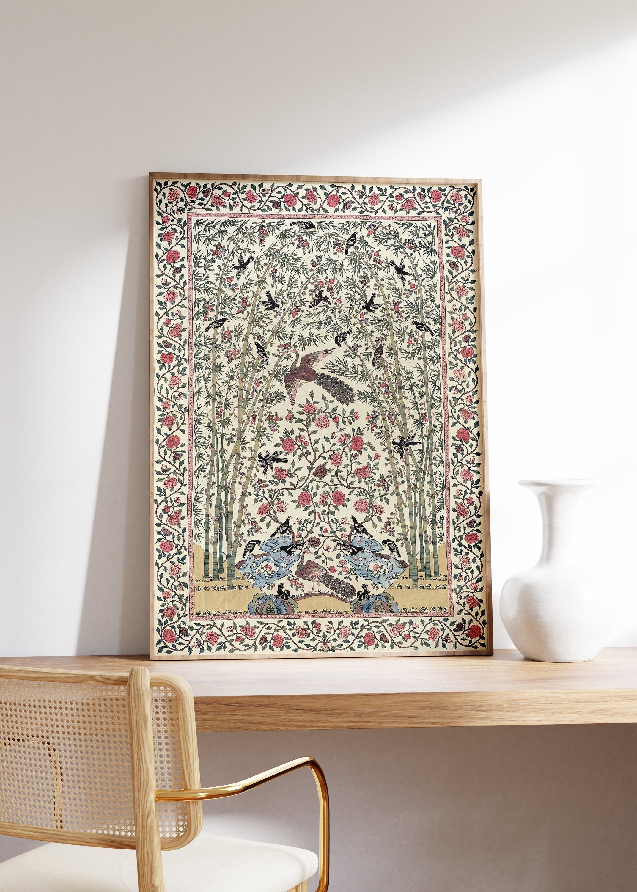 アンティーク インド ポスター、パレンポレの鳥と花のテキスタイル