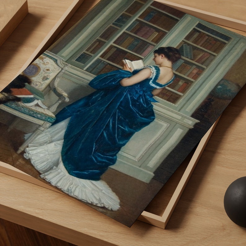 Porträtt av romantisk kvinna, viktoriansk dekor, elegant affisch, affisch med dam i blått, hobbycanvas, väggdekoration i bibliotek, giclée-tryck på konst bild 3