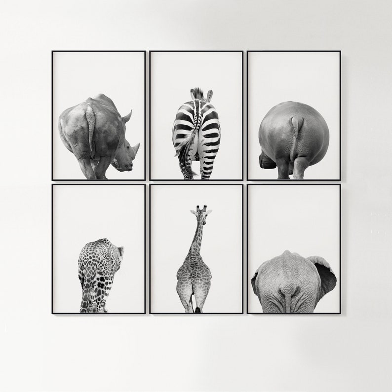 Set of 6 Animal Butt Prints, Bathroom Wall Decor, Safari Animals, Home ...