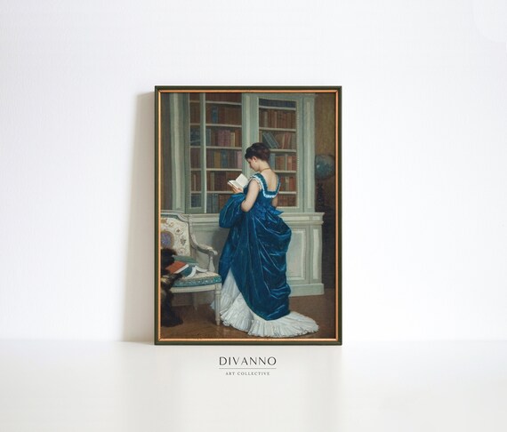 Romantic Woman Portrait Print, Victorian Decor, Elegant Poster, Lady in Blue Poster, Hobby Canvas, Library Wall Decor, Fine Art Giclee Print