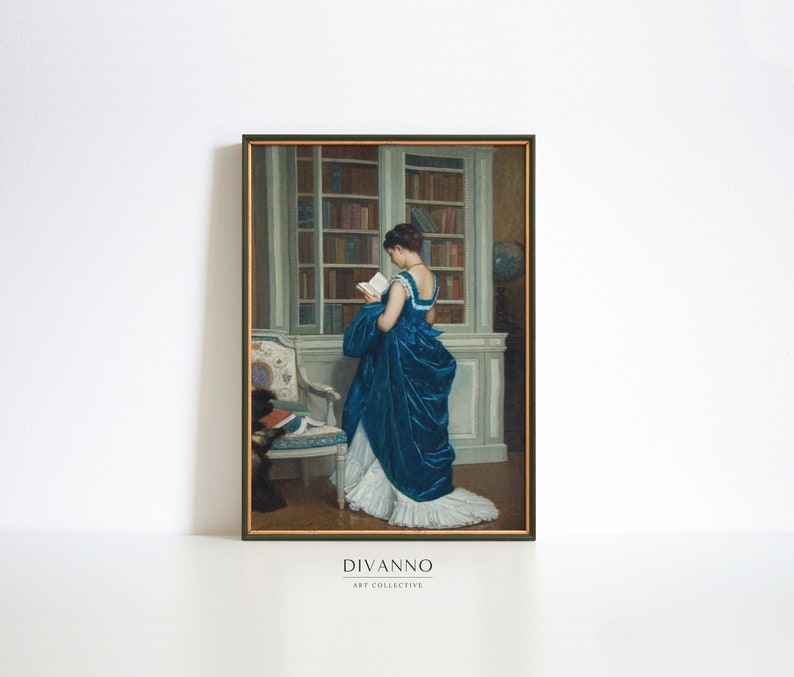 Porträtt av romantisk kvinna, viktoriansk dekor, elegant affisch, affisch med dam i blått, hobbycanvas, väggdekoration i bibliotek, giclée-tryck på konst bild 1