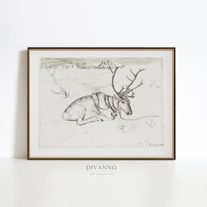 Poster vintage di renne, Cabin Lodge Decor, Holiday Art Print, Winter Animal Sketch, Nordic Wall Decor, Wall Art Gift, Natale vittoriano