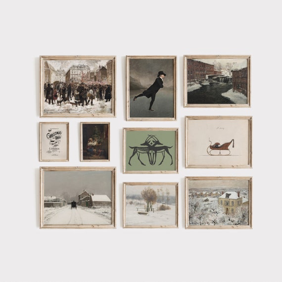 Set of 10 Christmas Posters, Winter Gallery Prints, Victorian Festive Wall Decor, Vintage Skating Art, Snowy Forest Art, Digital Xmas Gift
