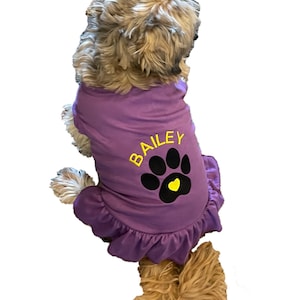 Personalized Dog or Cat Dress With Ruffle, Embroidered Paw Print Design with Pet&#39;s Name, Gift for Dog Mom