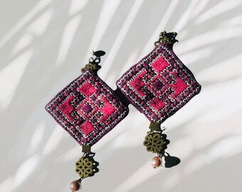 Pink Persian Needlework  dropped dangle with Pearls ,pearl and fabric earrings, handmade States Earring