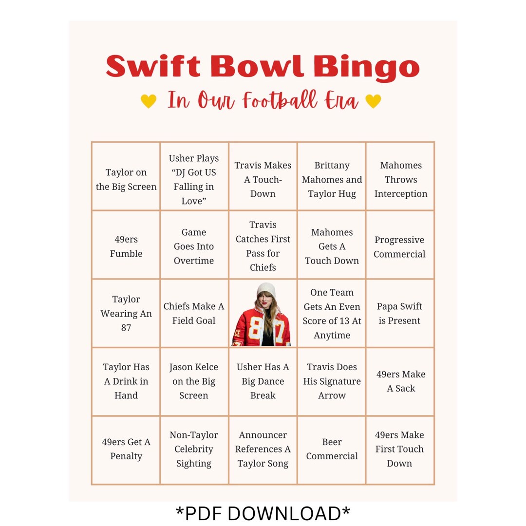 Taylor Swift Super Bowl Party Bingo Card, Swift Bowl, Kansas City ...