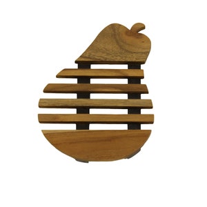May include: A wooden pear-shaped trivet with a slatted design. The trivet is made of natural wood and has a dark brown color.