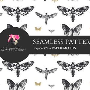 Peut inclure: Motif sans couture avec des illustrations en noir et blanc de sphinx à tête de mort et de petits papillons dorés sur fond blanc. Le motif comprend le texte "SEAMLESS PATTERN" et "Pap-59827 - PAPER MOTHS".