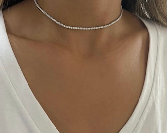 Tennis necklace, necklace adorned with cubic zirconia stones, choker necklace