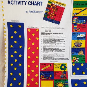 May include: A colorful fabric activity chart for children, featuring sections for chores and a star-studded design. The chart includes text such as "The Kids Corner" and "Activity Chart" with illustrations for tasks like brushing teeth and taking out the garbage.