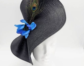 Black Derby Hat Fascinator, Blue Anemone, Peacock Feather
