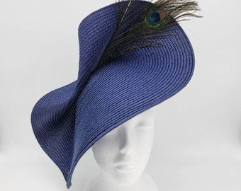 Navy Fascinator Hat, Peacock Feather Derby Hat, Handmade Headband