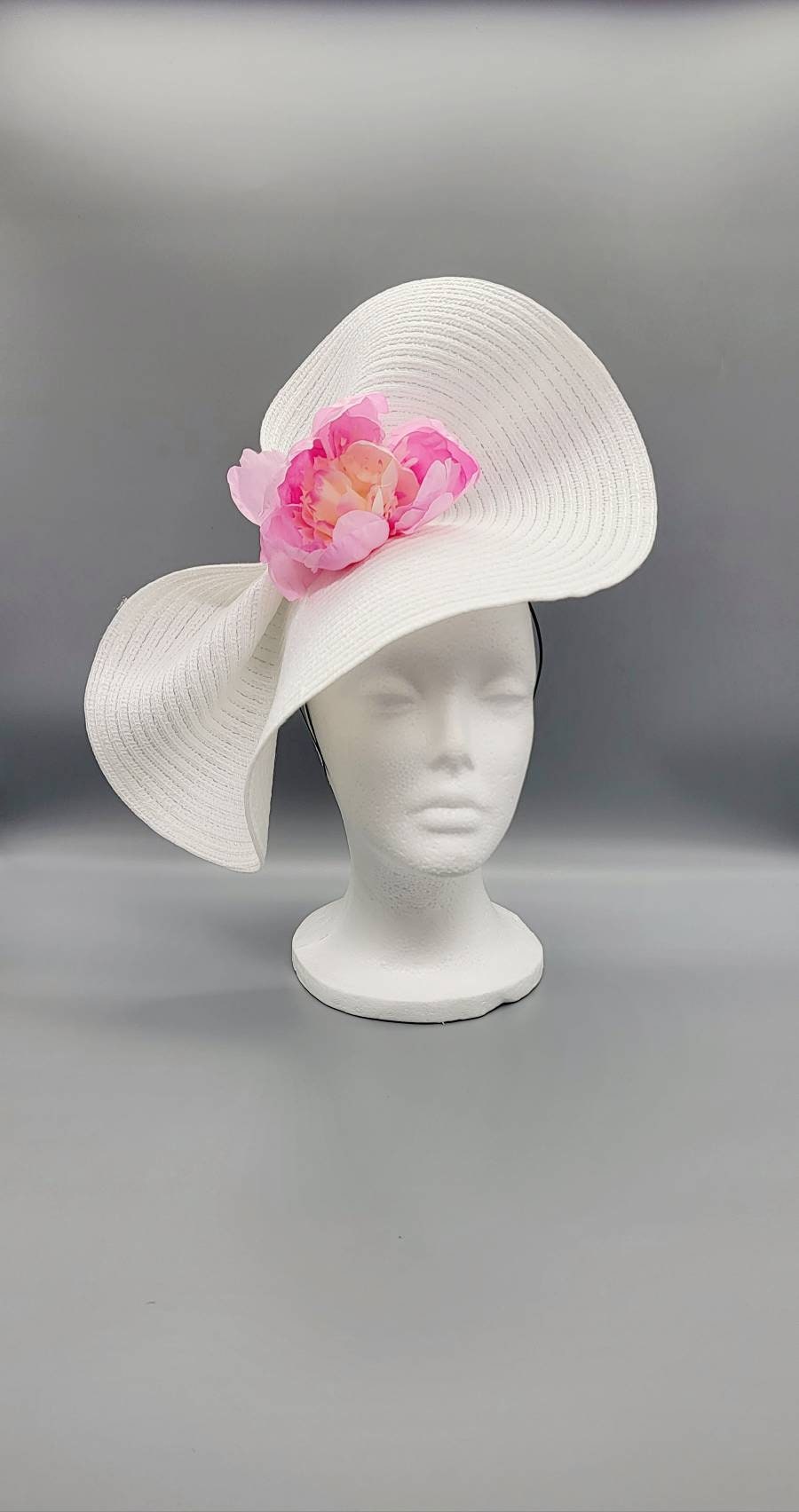 VTG Pink White Church Derby Tea Party Hat Coastal Prep Palm Beach White w Hot Pink Church Kentucky Derby Party Wedding Tea  main image 3