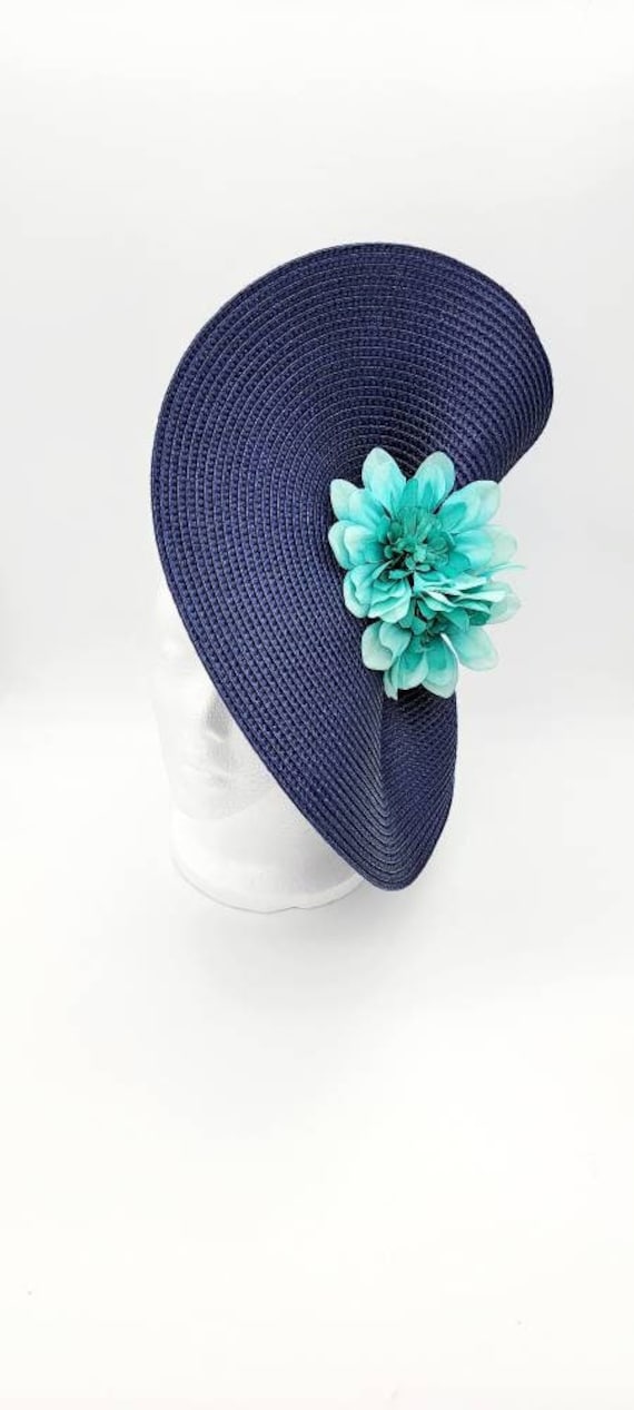 Women\'s Navy and Teal Derby Fascinator Hat NAVY BLUE FLIPPED BRIM WITH TURQUOISE BLUE BLOOM KENTUCKY  main image 3