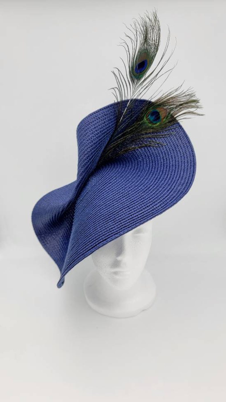 Navy Peacock Derby Hat Fascinator,Church, Formal, Mothers Day, Easter, Royal Ascot, Wedding, Tea Party, Horse Race, Cocktail image 2