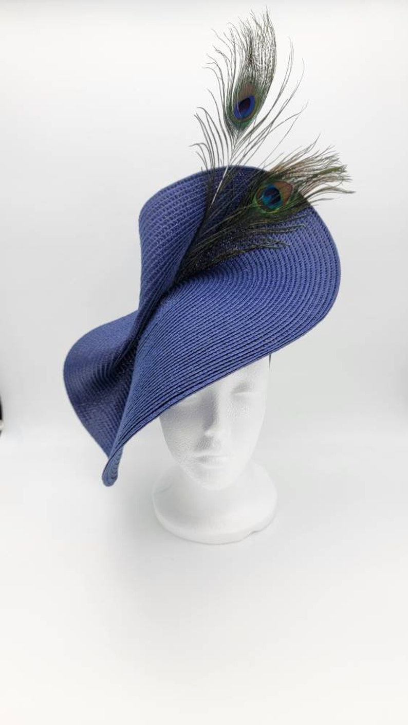 Navy Peacock Derby Hat Fascinator,Church, Formal, Mothers Day, Easter, Royal Ascot, Wedding, Tea Party, Horse Race, Cocktail image 9