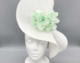 White Mint Derby Hat Fascinator, Bridal Fascinator,Church, Formal, Mother’s Day, Royal Ascot, Wedding, Tea Party, Horse Race, Cocktail