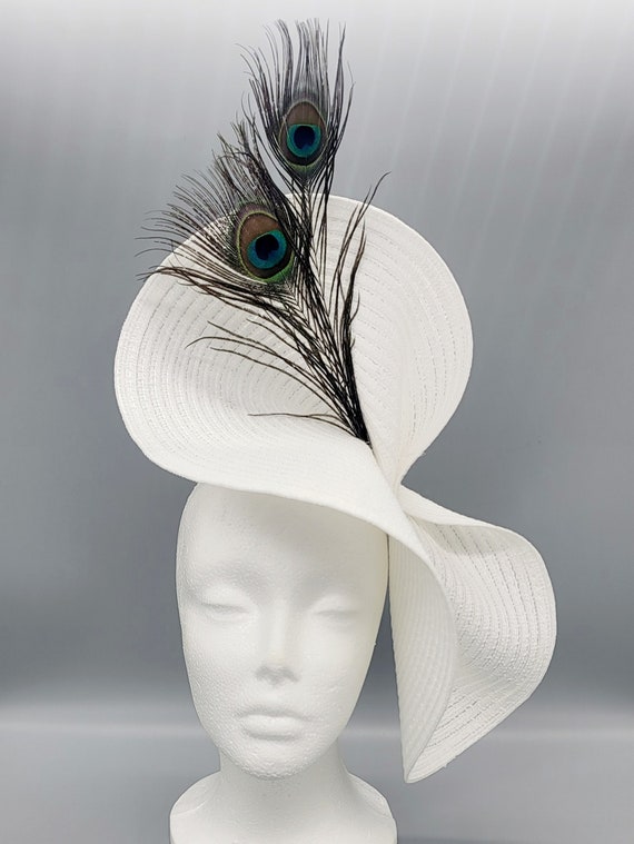 White Derby Fascinator Hat, Peacock Feather Headband - Etsy display picture 1
