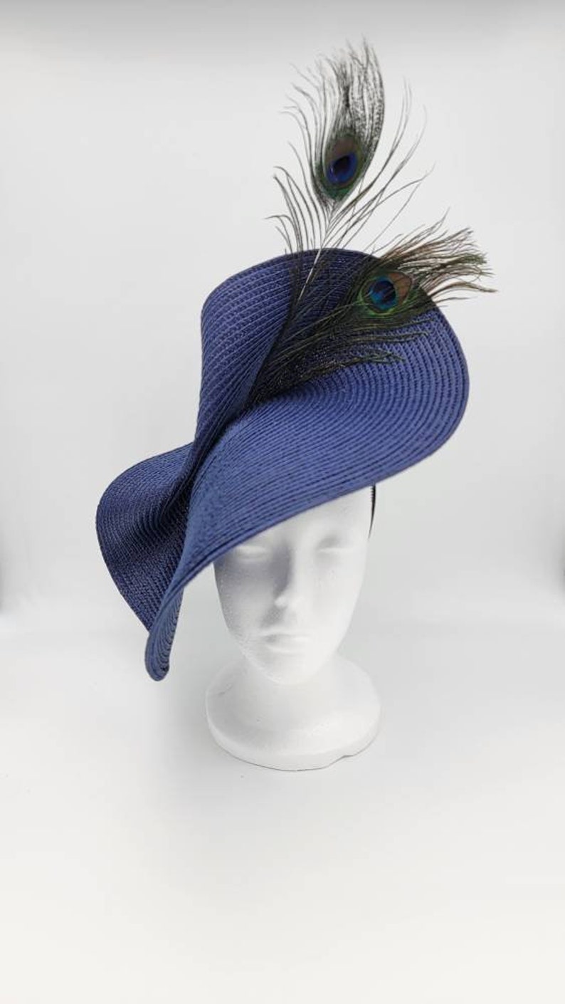 Navy Peacock Derby Hat Fascinator,Church, Formal, Mothers Day, Easter, Royal Ascot, Wedding, Tea Party, Horse Race, Cocktail image 6