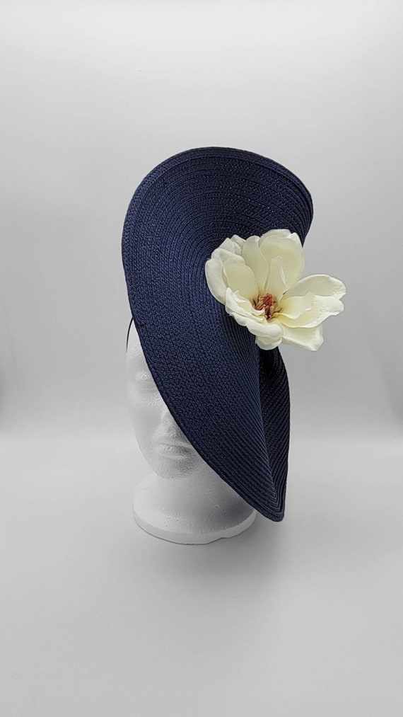 Navy custom floral fancy Derby hat, handmade Navy Blue Teal Feather Flower Wide Brim Kentucky Derby Hat  main image 2