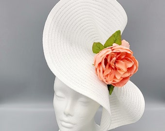 White Coral Derby Hat Fascinator, Bridal Fascinator,Church, Formal, Mother’s Day, Royal Ascot, Wedding, Tea Party, Horse Race, Cocktail