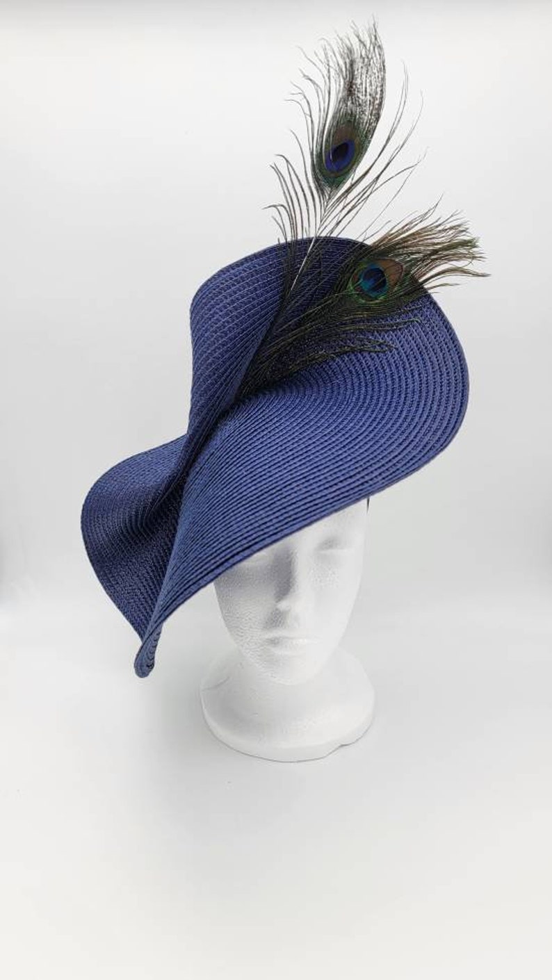 Navy Peacock Derby Hat Fascinator,Church, Formal, Mothers Day, Easter, Royal Ascot, Wedding, Tea Party, Horse Race, Cocktail image 3
