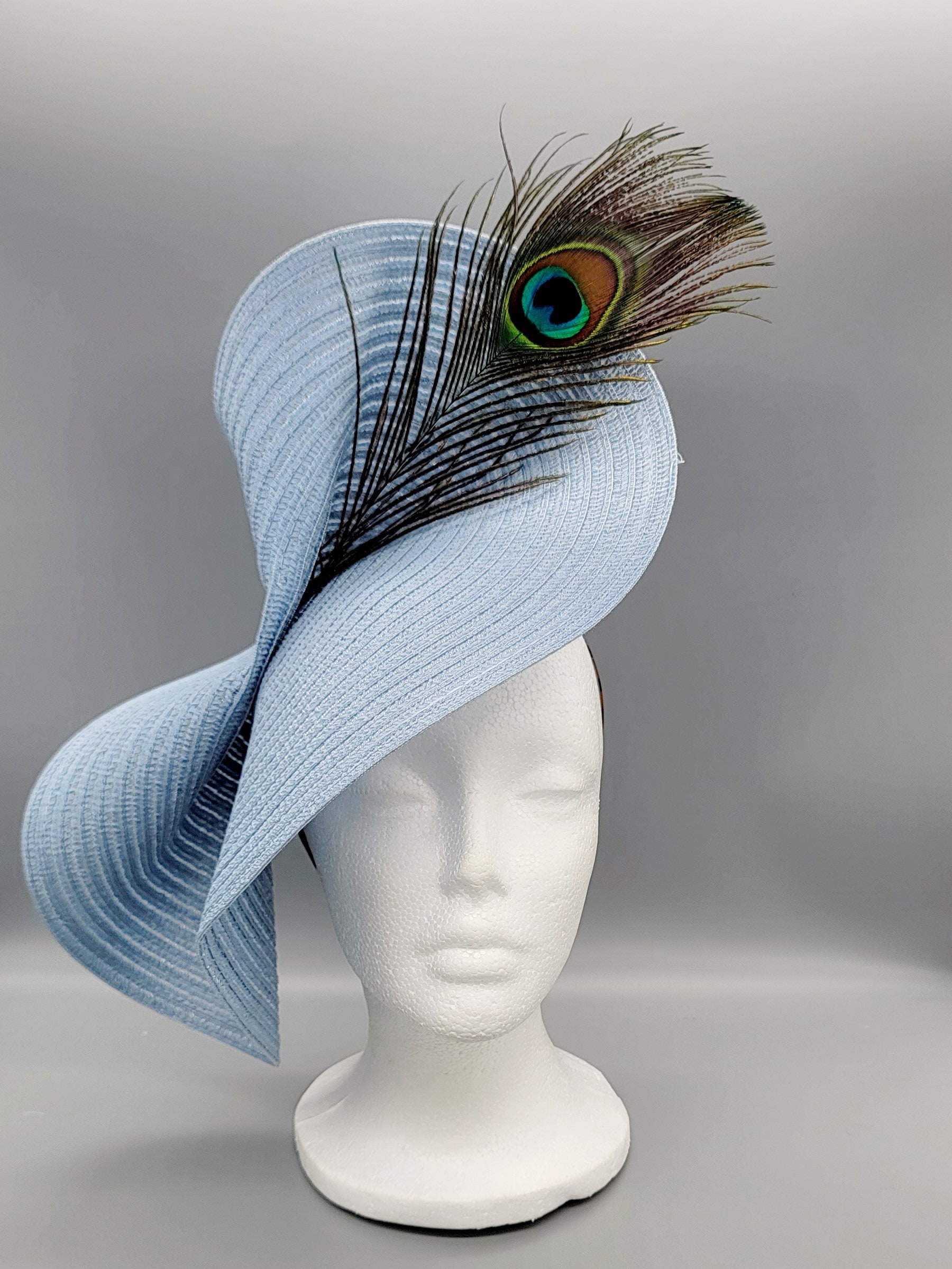 Blue Derby Hat Fascinator, Peacock Feather Headband, Wedding 