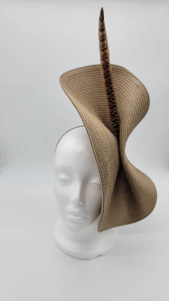 Champagne Bronze Derby Hat Fascinator, Pheasant Feather  display picture 2
