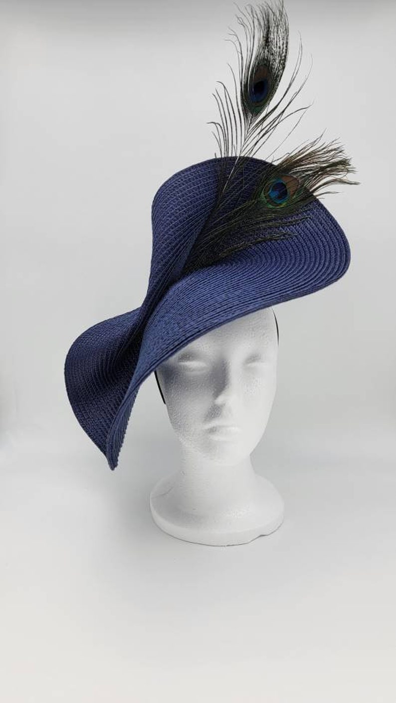 Navy Peacock Derby Hat Fascinator,Church, Formal, Mothers Day, Easter, Royal Ascot, Wedding, Tea Party, Horse Race, Cocktail image 5