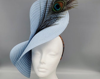 Blue Derby Hat Fascinator, Peacock Feather Headband, Wedding, Races