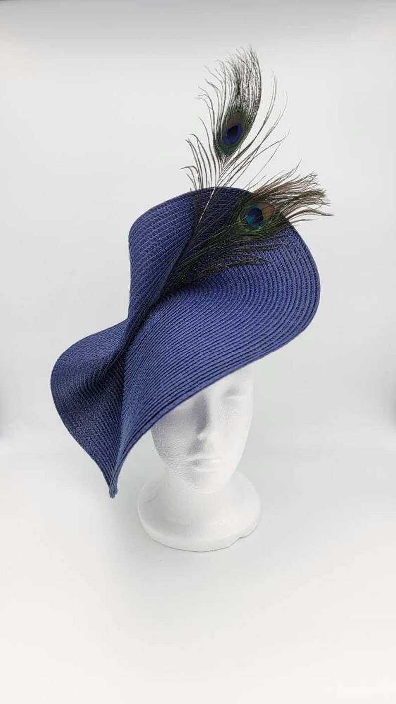 Navy Peacock Derby Hat Fascinator,Church, Formal, Mothers Day, Easter, Royal Ascot, Wedding, Tea Party, Horse Race, Cocktail image 1