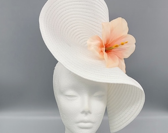 White Derby Hat Fascinator, Peach Hibiscus Flower, Handmade Headband
