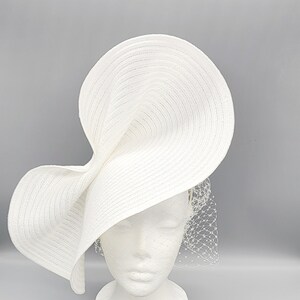 May include: A white, wide-brimmed hat with a netting veil. The hat is made of a woven material and has a large, floppy brim.