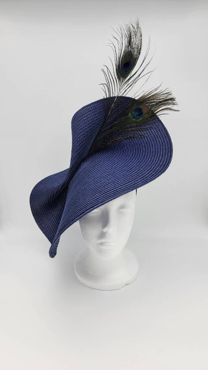 Navy Peacock Derby Hat Fascinator,Church, Formal, Mothers Day, Easter, Royal Ascot, Wedding, Tea Party, Horse Race, Cocktail image 7
