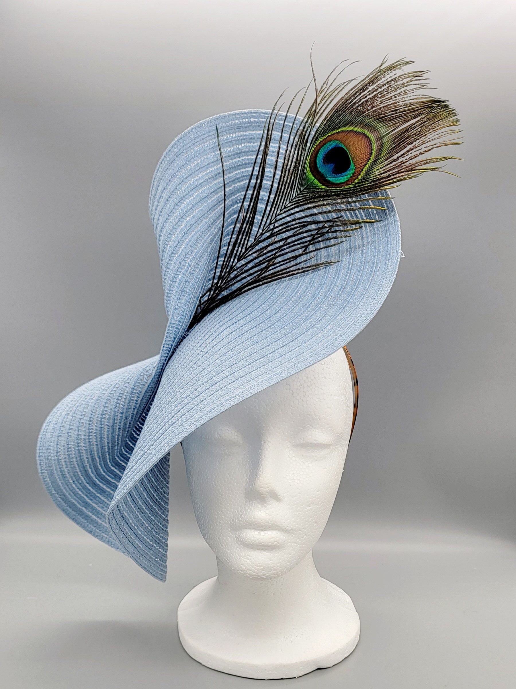 Blue Derby Hat Fascinator, Peacock Feather Headband, Wedding  display picture 2