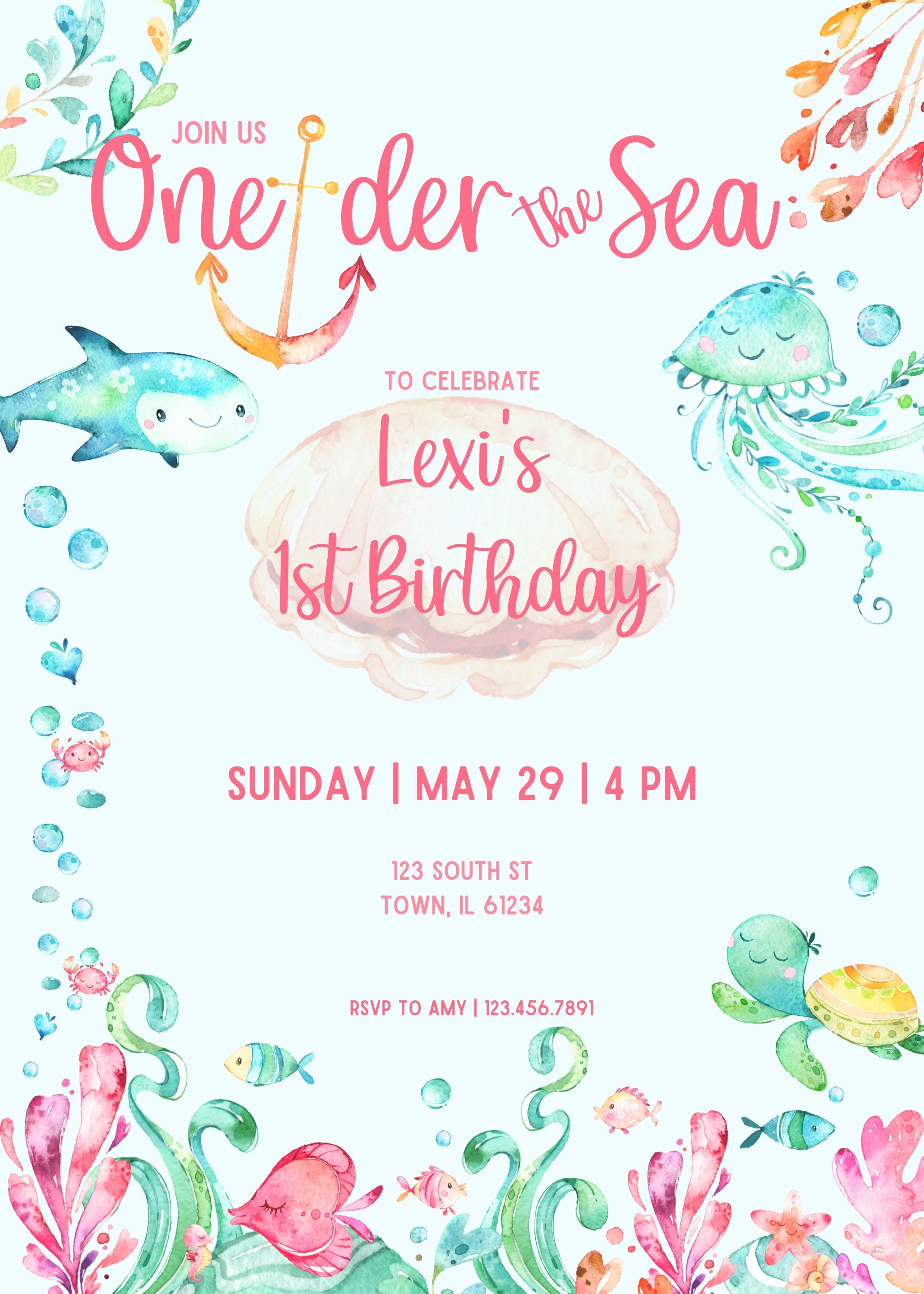 Oneder the Sea, First Birthday Invitation, Editable Template