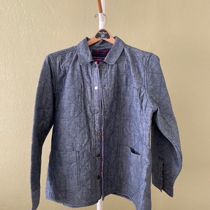 90s Vintage Lands&#39; End Denim Quilted Jacket with Plaid Lining