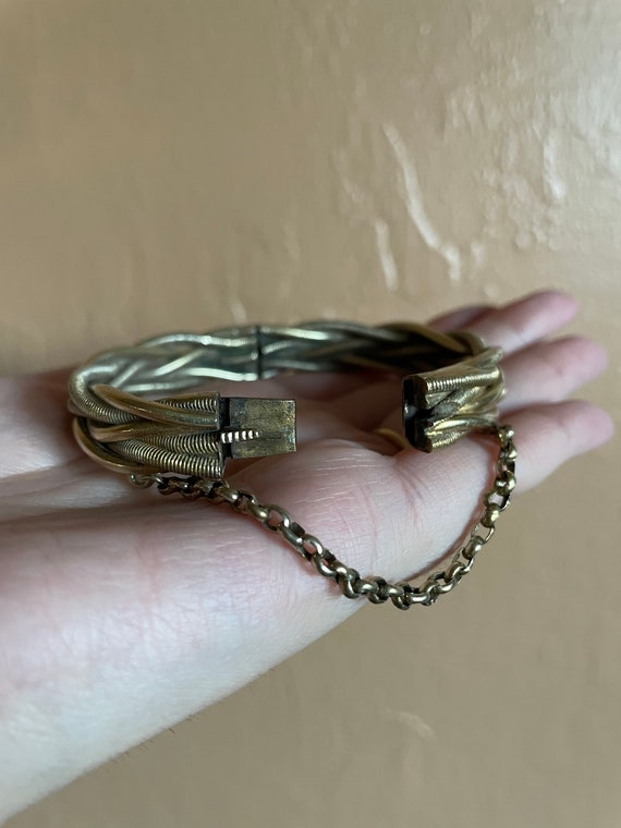 Vintage Hinged Bangle with Safety Chain - image 5
