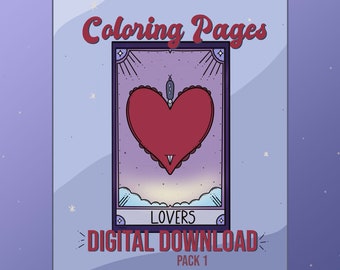 May include: A digital download pack of coloring pages. The cover features a tarot card design with a large red heart, the word "LOVERS", and the text "DIGITAL DOWNLOAD". The background is a soft purple with stars.