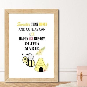 Signo personalizado de abejorro de primer cumpleaños, decoraciones de cumpleaños de niña, primer cumpleaños temático de abeja, primer signo de cumpleaños de niña