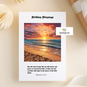 Druckbare spirituelle Geburtstagskarte, religiöse Geburtstagskarte, Schriftpassage-Karte, Bibel-Vers-Geburtstagskarte, Strandszene-Geburtstagskarte