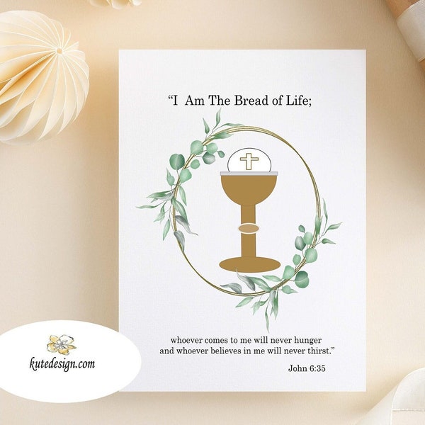 Printable First Communion Card, Catholic Card, Christian Card, First Communion Gift, Blank Card, Eucharist Card, Bible Verse Card, Scripture