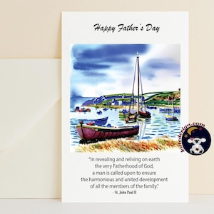 Tarjeta cristiana imprimible para el Día del Padre, tarjeta espiritual para el Día del Padre, Juan Pablo II, tarjeta de felicitación con versículos bíblicos, tarjeta católica para el Día del Padre
