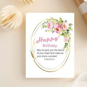 Cartão de aniversário cristão imprimível, cartão de aniversário religioso, cartão de aniversário floral, cartão de versículo da Bíblia, cartão de escritura, cartão de aniversário para ela
