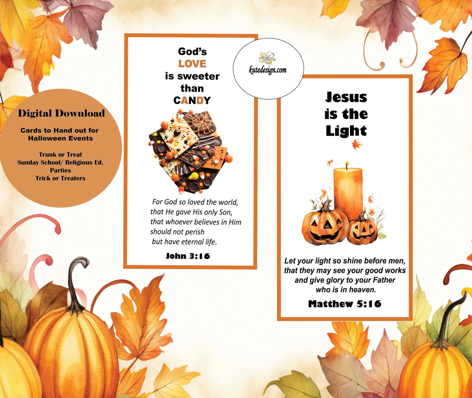 Printable Christian Halloween Scripture Cards, Scripture Handouts, Candy Handouts, Trunk or ...