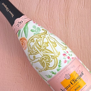 Custom Hand Painted Champagne Bottle - Floral Pattern with Initials/Monogram - Wedding, Engagement, Anniversary, Birthday Gift