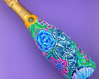 Custom Hand Painted Champagne Bottle Floral Pattern Wedding, Engagement ...