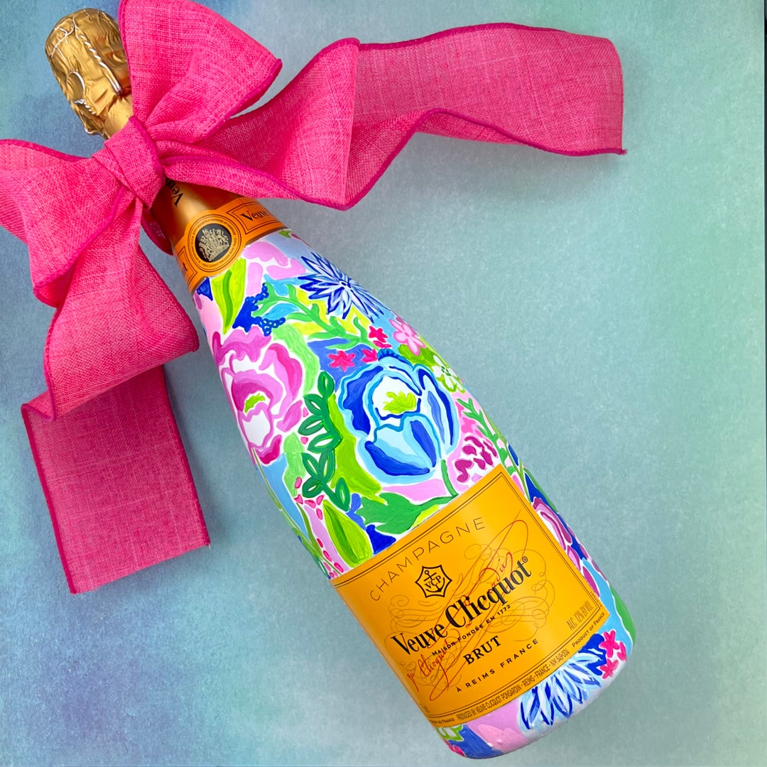Custom Hand Painted Champagne Bottle Watercolor Lilly Inspired Floral